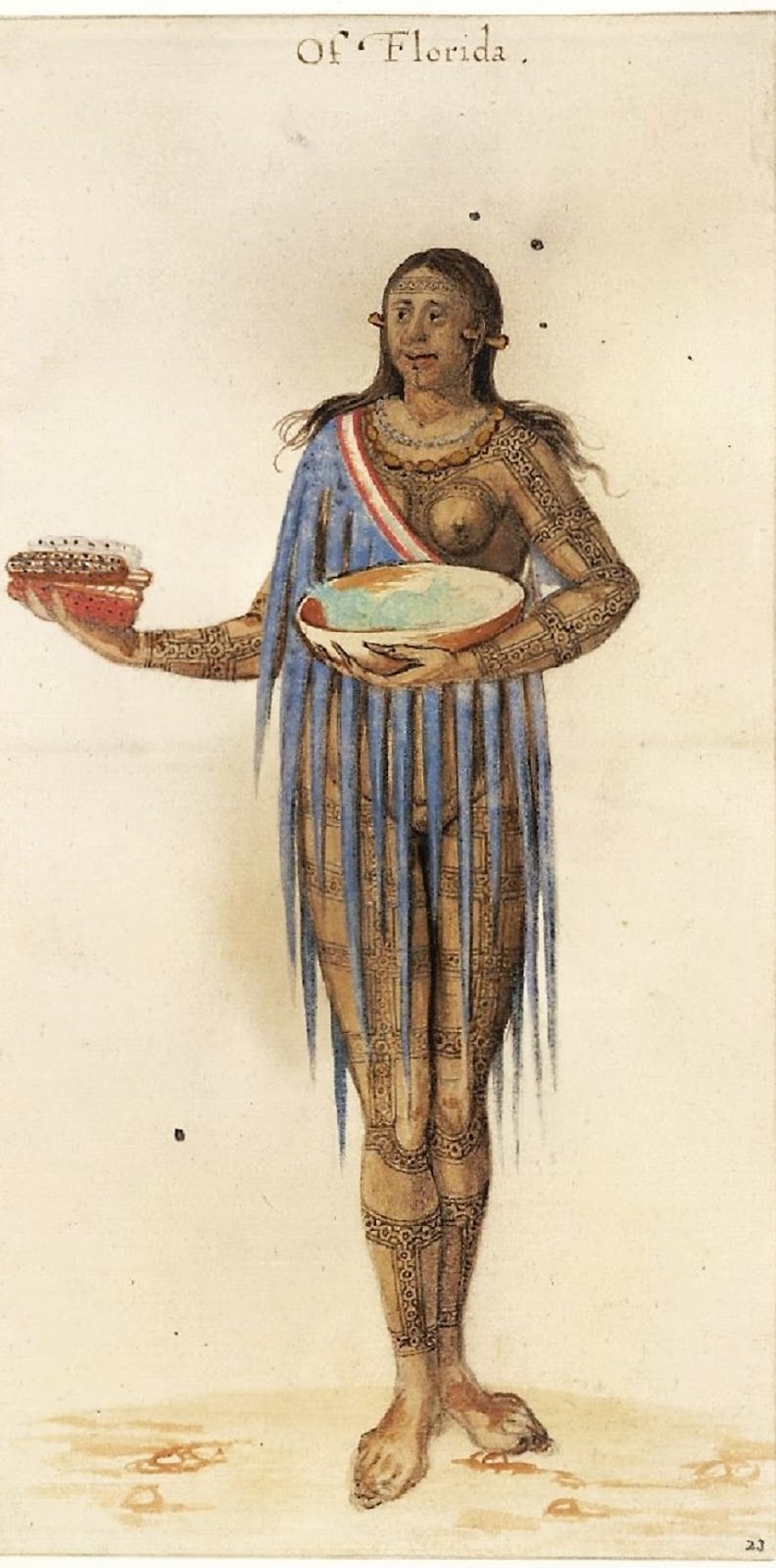 Femme Algonquienne portant des épis de maïs (aquarelle de John White, 1585-1586)